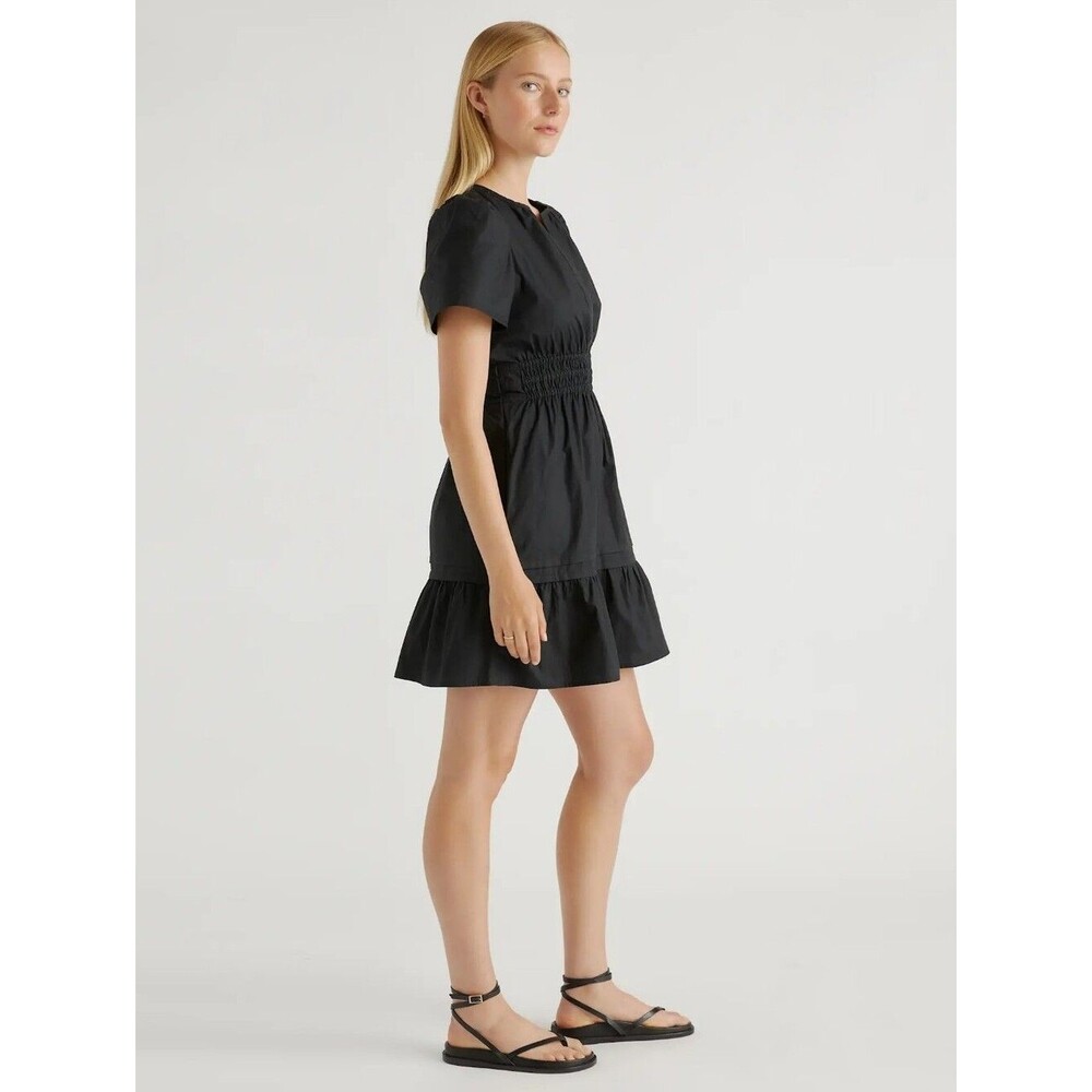 Quince Organic Cotton Poplin Tiered Mini Dress Black Large Pockets Smocked Waist